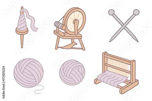 Cashmere Yarn Icons. Isometric vector illustration set Cashmere Yarn Spinning: spindle turning fibers, yarn reel with glow,