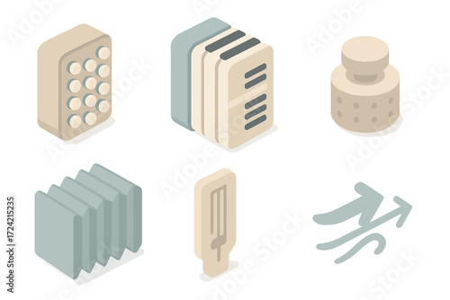 Accordion Details in Pastels. Isometric vector illustration set Accordion Buttons and Keys: close-up view of button side, piano