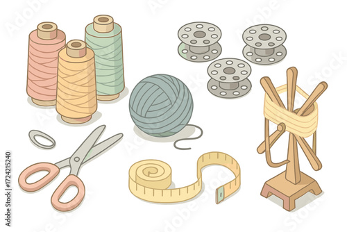 Thread and Yarn Tools. Isometric vector illustration set Thread and Yarn Tools: spools of colored threads, bobbins lined up, yarn
