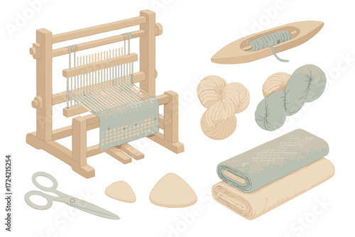 Tweed Weaving Essentials. Isometric vector illustration set Tweed weaving workshop: handloom, shuttle, wool yarn skeins, scissors,