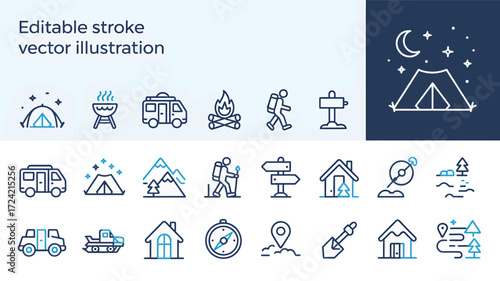 Collection of camping and outdoor adventure icons in a clean silhouette style with a moon and stars illustration
