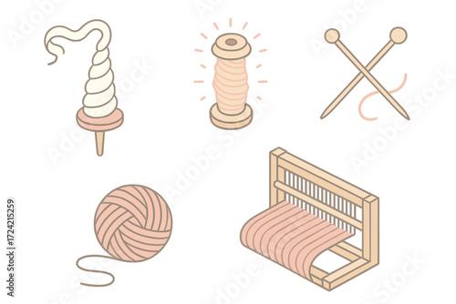 Cashmere Yarn Icons. Isometric vector illustration set Cashmere Yarn Spinning: spindle turning fibers, yarn reel with glow,