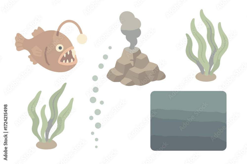 Fototapeta premium Underwater Exploration Icons. Isometric vector illustration set Deep ocean environment: anglerfish, rocky seabed, thermal vent,