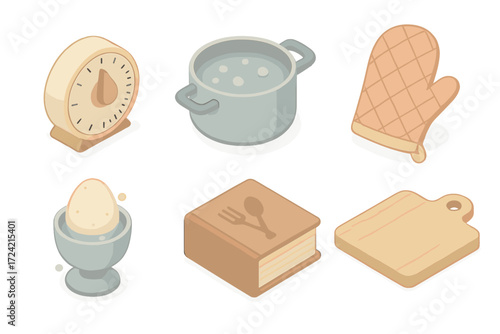 Cooking Essentials Icons. Isometric vector illustration set Cooking countdown: kitchen timer, saucepan, oven mitt, egg boiling,