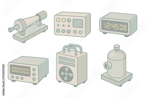 Atomic Clock Laboratory. Isometric vector illustration set Atomic clock laboratory: cesium beam tube, control panel, digital