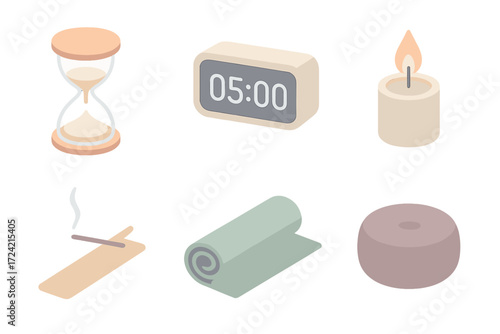 Meditation Timer Icons. Isometric vector illustration set Meditation and focus timers: sand timer, digital countdown, candle flame