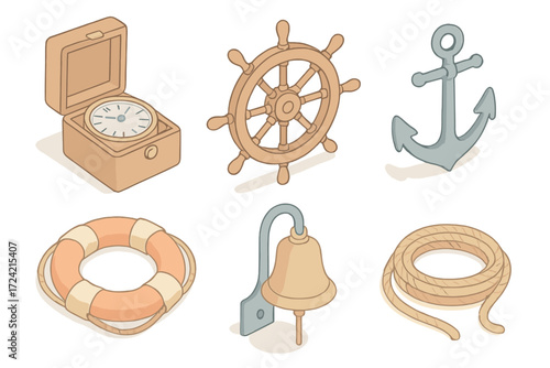 Sailing Essentials Icons. Isometric vector illustration set Sailing essentials: marine chronometer, ship’s wheel, anchor, lifebuoy