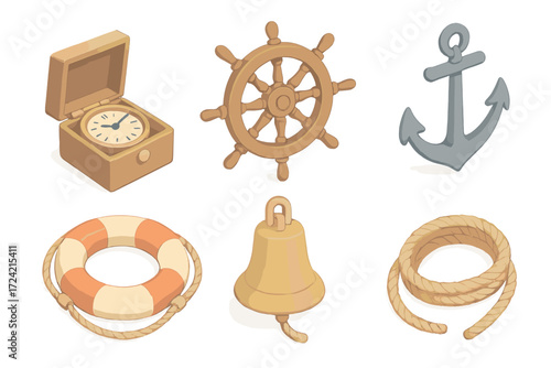 Sailing Essentials Icons. Isometric vector illustration set Sailing essentials: marine chronometer, ship’s wheel, anchor, lifebuoy