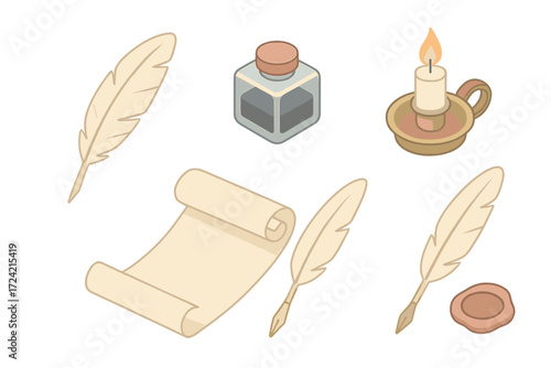 Classic Writing Icons. Isometric vector illustration set Classic writing tools: quill pen, feather nib, glass inkwell, parchment