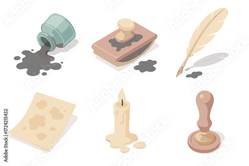 Vintage Ink Set. Isometric vector illustration set Vintage ink stains: antique inkwell tipped, blotting pad soaked, quill pen