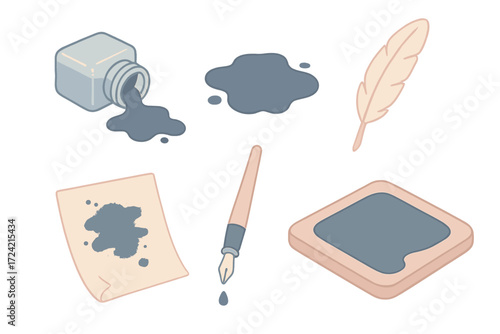 Ink Spillage Icons. Isometric vector illustration set Ink accidents: spilled ink bottle, ink puddle, feather quill, smudged paper,