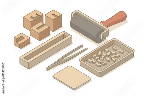 Vintage Letterpress Tools. Isometric vector illustration set Vintage letterpress tools: wooden type blocks, ink roller brayer,