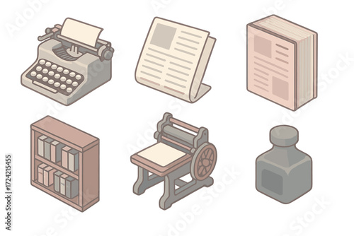 Vintage Publishing Icons. Isometric vector illustration set Vintage publishing: serif typewriter keys, newspaper sheet, magazine