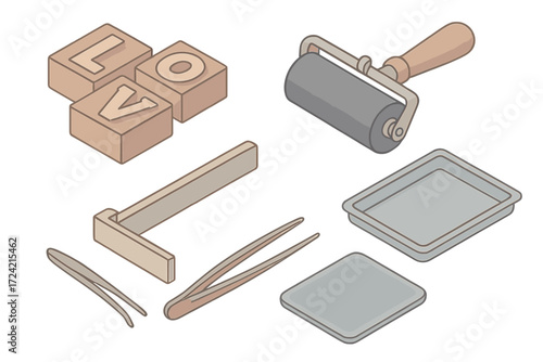 Vintage Letterpress Tools. Isometric vector illustration set Vintage letterpress tools: wooden type blocks, ink roller brayer,