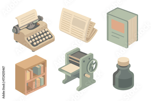 Vintage Publishing Icons. Isometric vector illustration set Vintage publishing: serif typewriter keys, newspaper sheet, magazine