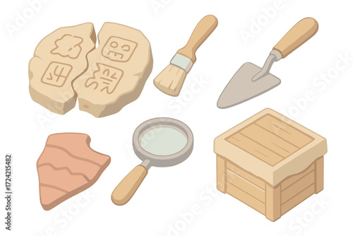 Archaeological Tools Icons. Isometric vector illustration set Archaeological discovery: broken glyph tablet, excavation brush,