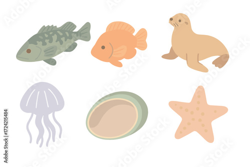 Coastal Underwater Creatures. Isometric vector illustration set Coastal underwater animals: kelp bass, Garibaldi fish, sea lion,