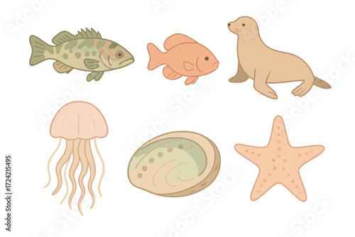 Coastal Underwater Creatures. Isometric vector illustration set Coastal underwater animals: kelp bass, Garibaldi fish, sea lion,