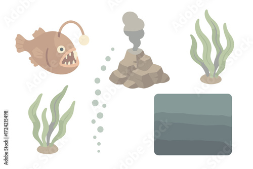 Underwater Exploration Icons. Isometric vector illustration set Deep ocean environment: anglerfish, rocky seabed, thermal vent,