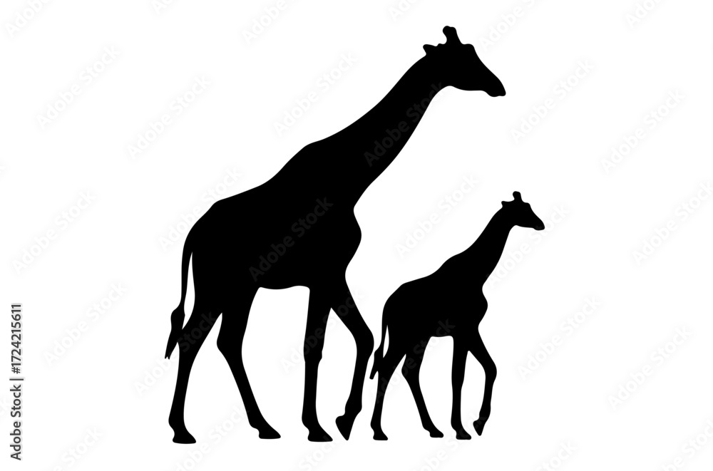 Obraz premium Giraffe Mom and Baby Silhouette - Mother and Calf Walking Side by Side 