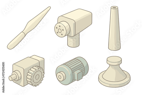 Wind Turbine Components. Isometric vector illustration set Wind turbine components: rotor blade, nacelle, tower, gearbox,