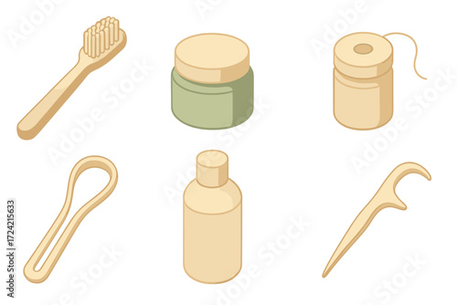 Natural Oral Hygiene. Isometric vector illustration set Natural oral hygiene kit: bamboo toothbrush biodegradable handle, neem
