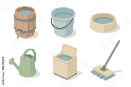 Rainwater Utilization Icons. Isometric vector illustration set Rain storage uses: rain barrel, car wash bucket, pet water bowl,