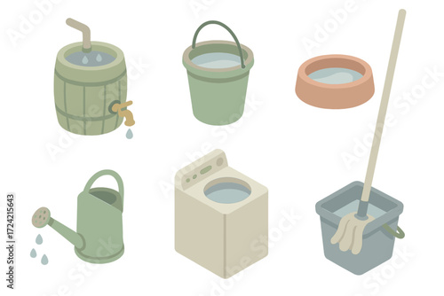 Rainwater Utilization Icons. Isometric vector illustration set Rain storage uses: rain barrel, car wash bucket, pet water bowl,