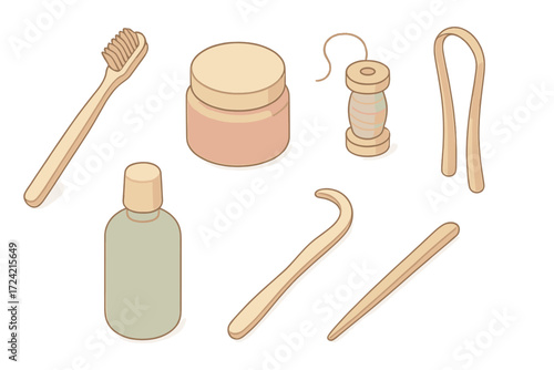 Natural Oral Hygiene. Isometric vector illustration set Natural oral hygiene kit: bamboo toothbrush biodegradable handle, neem