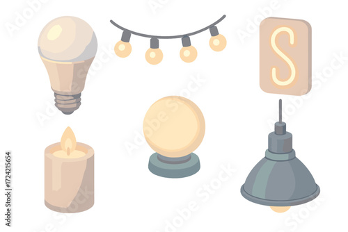 Decorative Lighting Elements. Isometric vector illustration set Decorative lighting elements: LED bulb efficient light, string