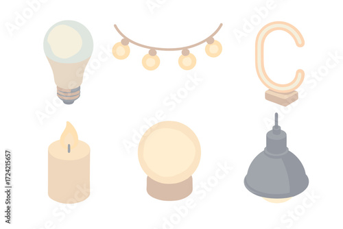 Decorative Lighting Elements. Isometric vector illustration set Decorative lighting elements: LED bulb efficient light, string