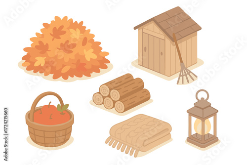 Cozy Autumn Yard. Isometric vector illustration set Cozy autumn yard: leaf pile for jumping, rake leaning on shed, stack of