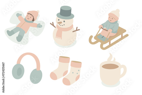 Winter Wonderland Icons. Isometric vector illustration set Winter wonderland play: snow angel impression cold, snowman with hat,