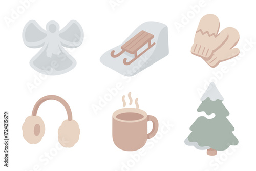Winter Playtime Essentials. Isometric vector illustration set Winter playtime essentials: snow angel impression cold, sledding