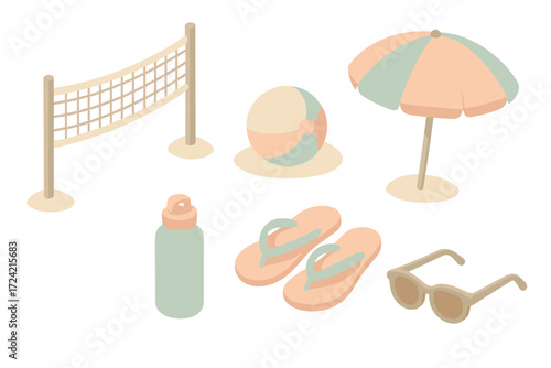 Summer Beach Sports Icons. Isometric vector illustration set Summer seaside sport: beach volleyball summer net, ball in sand, flip