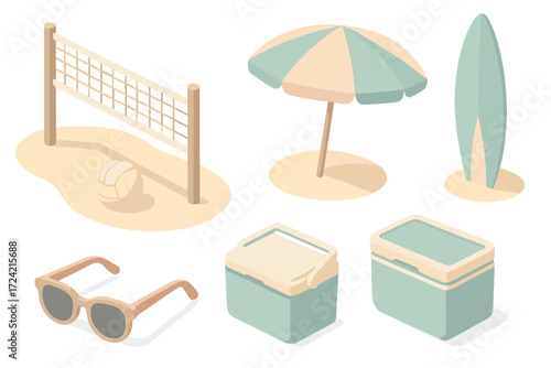 Seaside Sport Icons. Isometric vector illustration set Seaside sport vibes: volleyball net, ball on sand, beach umbrella, cooler