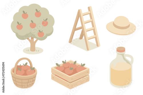 Countryside Apple Harvest. Isometric vector illustration set Countryside apple harvest: orchard tree with fruit, ladder leaning,