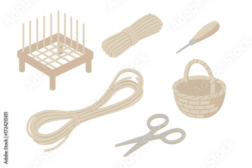 Traditional Basketry Tools. Isometric vector illustration set Traditional basketry craft: basket weave reed handmade, wooden frame