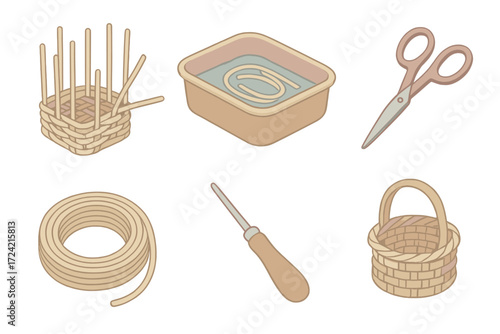 Handmade Wicker Process. Isometric vector illustration set Handmade wicker process: basket weave reed handmade, soaking basin,