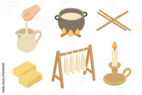 Historic Candle Craft. Isometric vector illustration set Historic candle craft: candle dip wick tallow, iron pot on fire, wooden