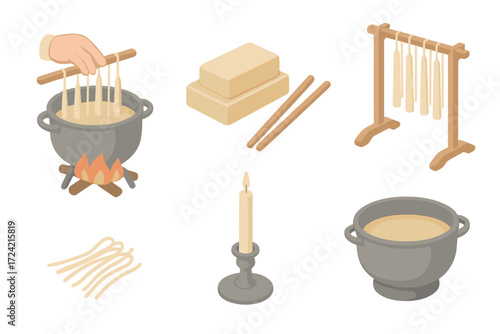 Historic Candle Craft. Isometric vector illustration set Historic candle craft: candle dip wick tallow, iron pot on fire, wooden