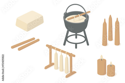 Colonial Candle Illustration. Isometric vector illustration set Colonial candle craft: candle dip wick tallow, iron pot on stand,