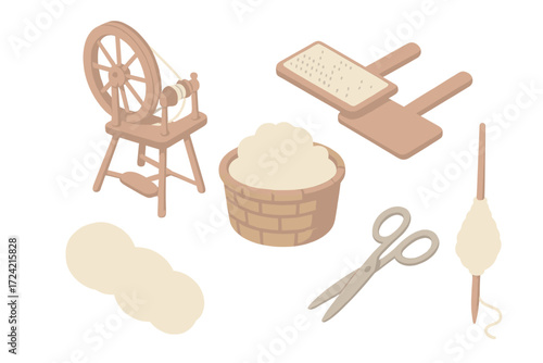 Wool Processing Tools. Isometric vector illustration set Wool processing tools: spinning wheel yarn thread, hand carders, fleece