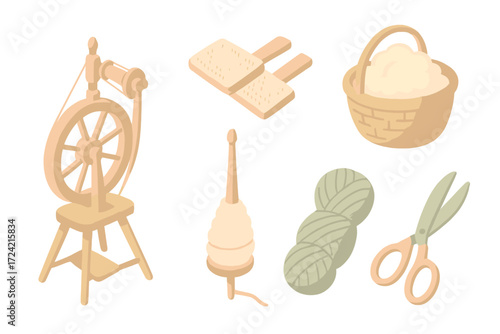 Wool Processing Tools. Isometric vector illustration set Wool processing tools: spinning wheel yarn thread, hand carders, fleece