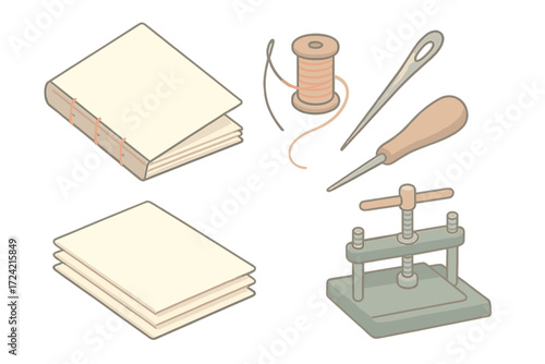Bookbinding Tools Icons. Isometric vector illustration set Paper stitching tools: bookbind cover stitch page, sewing needle,