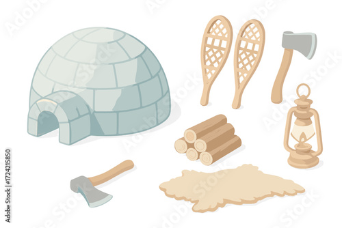 Frozen Wilderness Essentials. Isometric vector illustration set Frozen wilderness shelter: igloo ice block shelter, snowshoes, axe