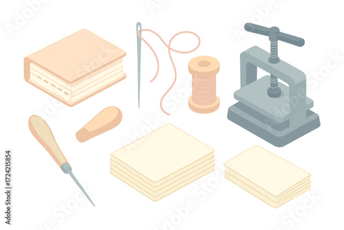 Bookbinding Tools Icons. Isometric vector illustration set Paper stitching tools: bookbind cover stitch page, sewing needle,