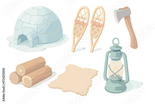 Frozen Wilderness Essentials. Isometric vector illustration set Frozen wilderness shelter: igloo ice block shelter, snowshoes, axe