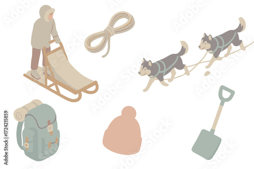 Snow Trail Expedition. Isometric vector illustration set Snow trail expedition: dog sled mush snow, sled rope, husky dogs,
