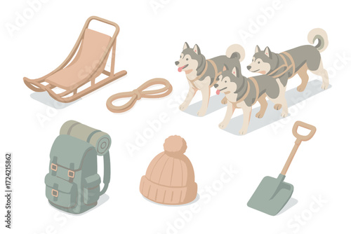 Snow Trail Expedition. Isometric vector illustration set Snow trail expedition: dog sled mush snow, sled rope, husky dogs,
